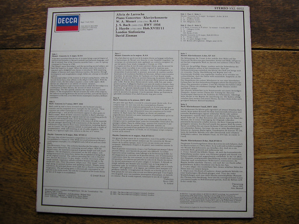 SXL 6952 ALICIA DE LARROCHA PLAYS CONCERTOS BY MOZART / BACH / HAYDN LONDON SINFONIETTA / ZINMAN
