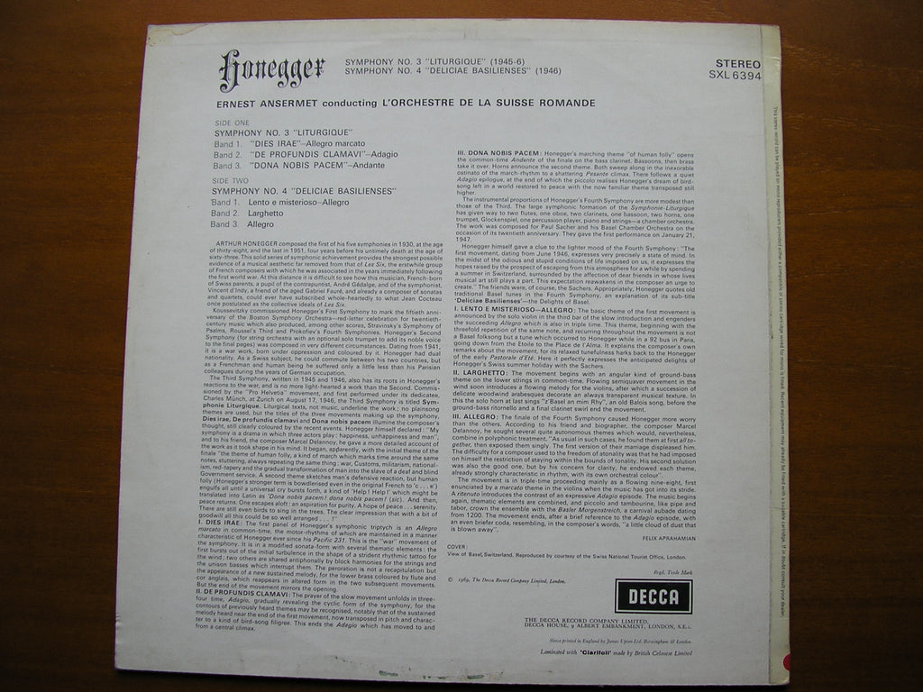 SXL 6394  HONEGGER: SYMPHONIES Nos. 3 & 4     ANSERMET / SUISSE ROMANDE   ED3