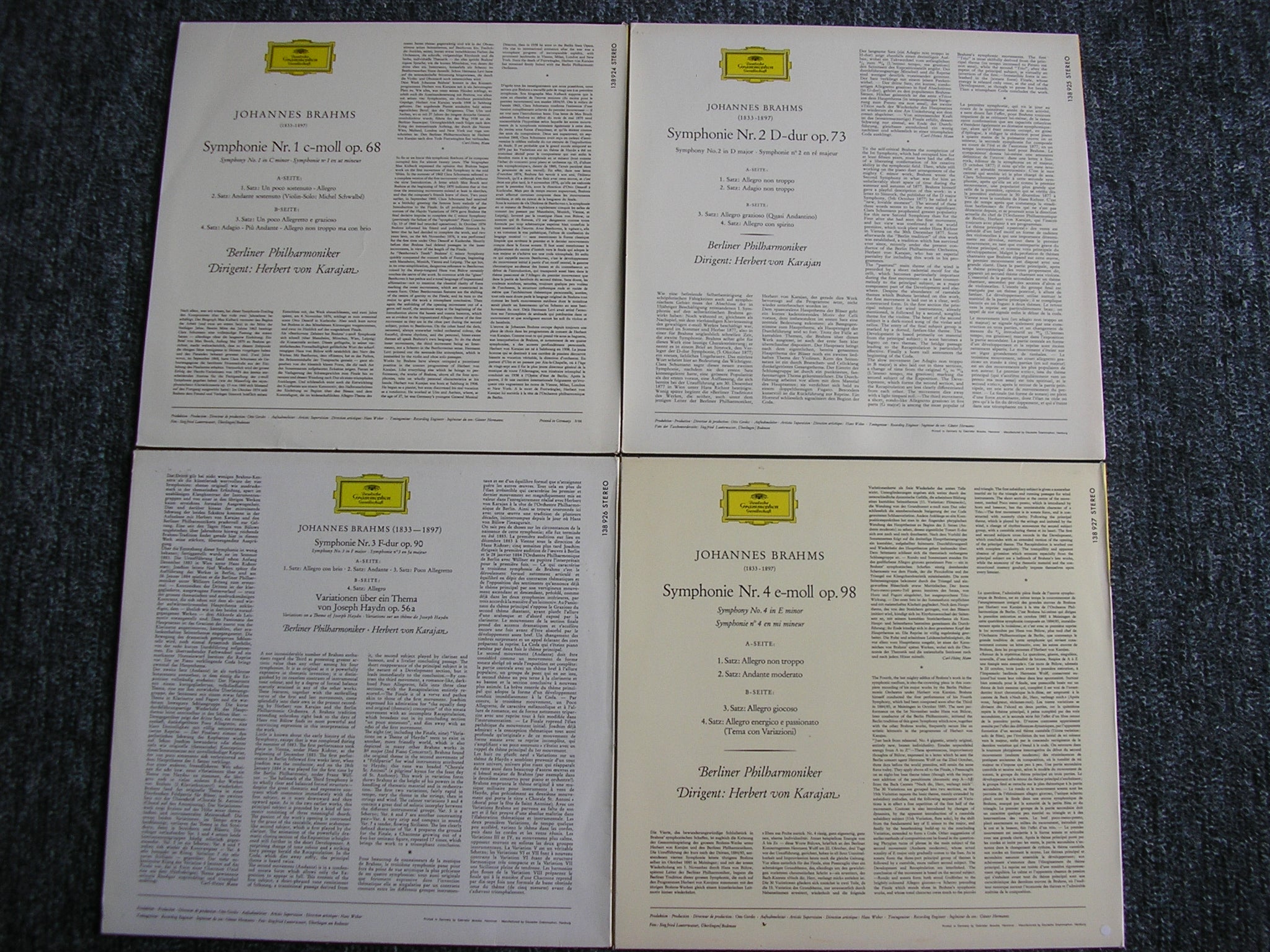 BRAHMS: THE FOUR SYMPHONIES / HAYDN VARIATIONS    KARAJAN / BERLIN PHILHARMONIC   4LP    138 924 - 927