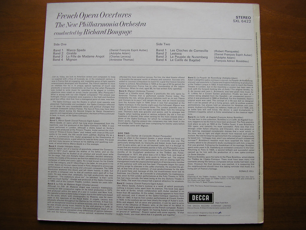 SXL 6422 FRENCH OVERTURES: ADAM / AUBER / LECOCQ / THOMAS / PLANQUETTE / BOIELDIEU / NPO / BONYNGE   ED3