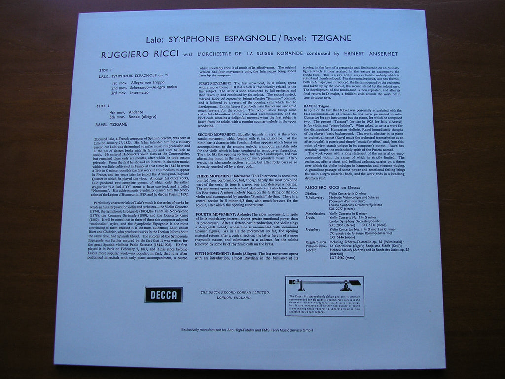 SXL 2155 LALO: SYMPHONIE ESPAGNOLE / RAVEL: TZIGANE RICCI / SUISSE ROMANDE / ANSERMET