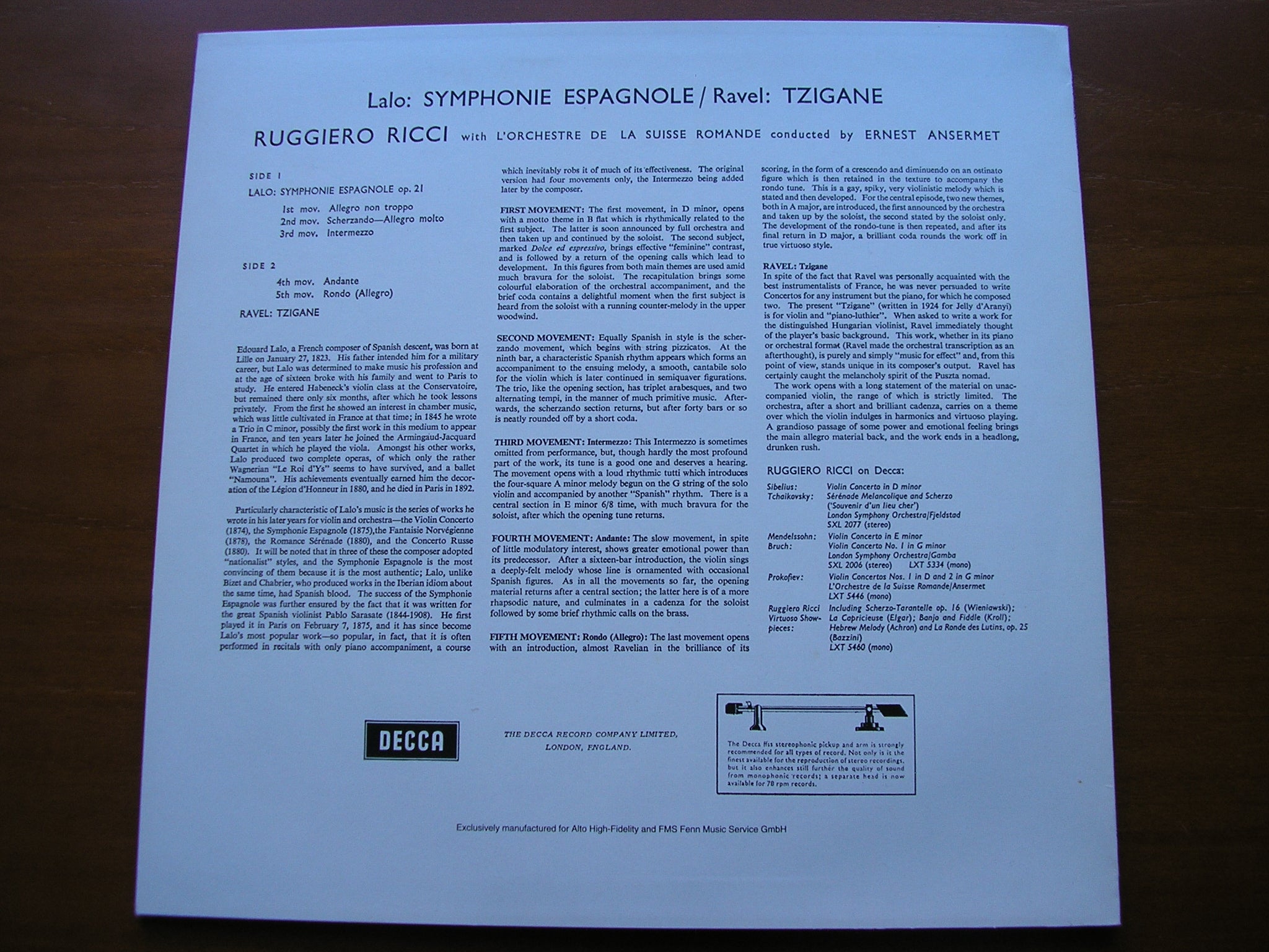 SXL 2155 LALO: SYMPHONIE ESPAGNOLE / RAVEL: TZIGANE RICCI / SUISSE ROMANDE / ANSERMET