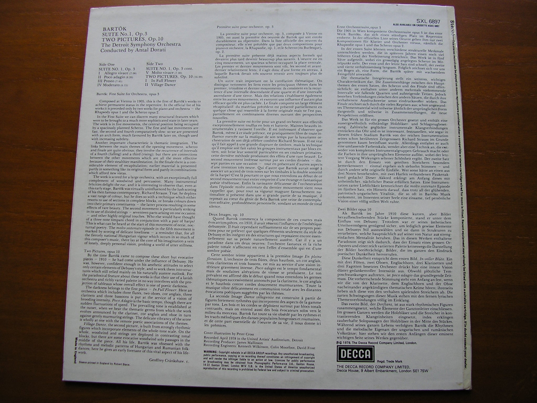 BARTOK: SUITE No. 1 / TWO PICTURES       DORATI / DETROIT SYMPHONY      SXL 6897