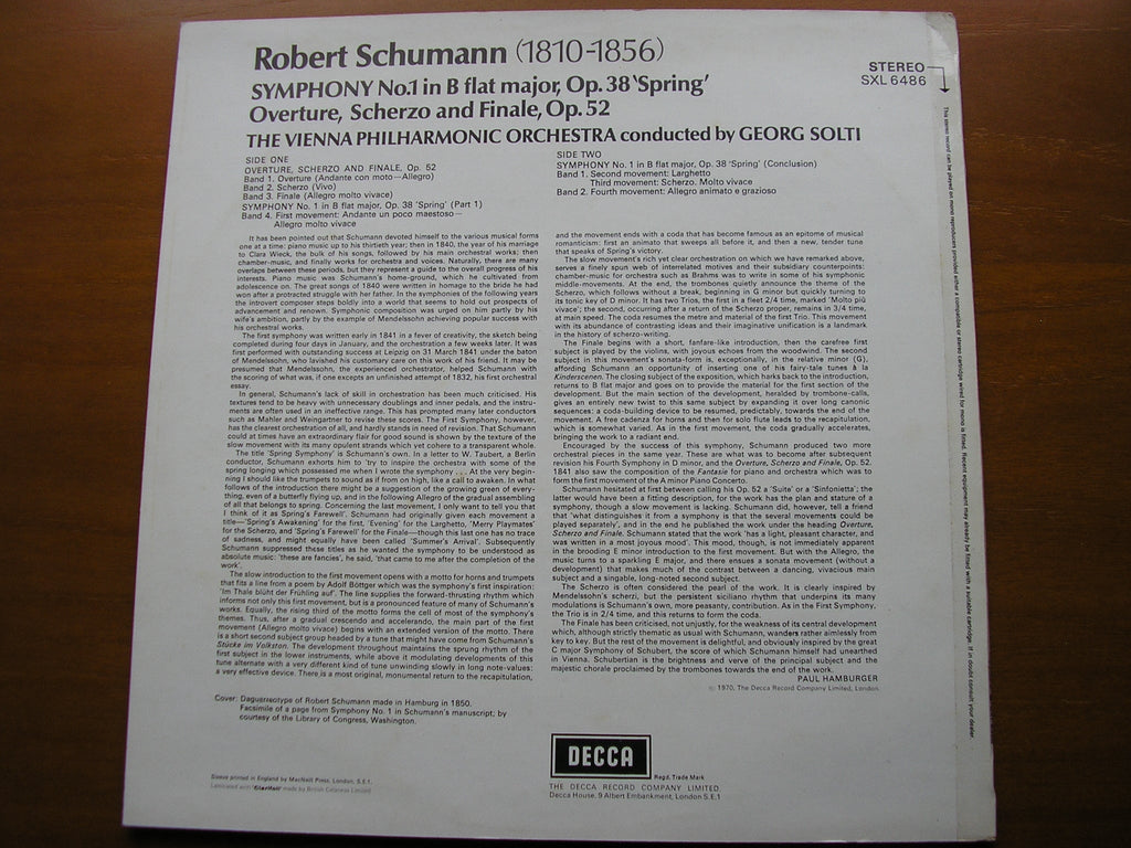 SXL 6486 SCHUMANN: SYMPHONY No. 1 / OVERTURE, SCHERZO & FINALE SOLTI / VIENNA PHILHARMONIC
