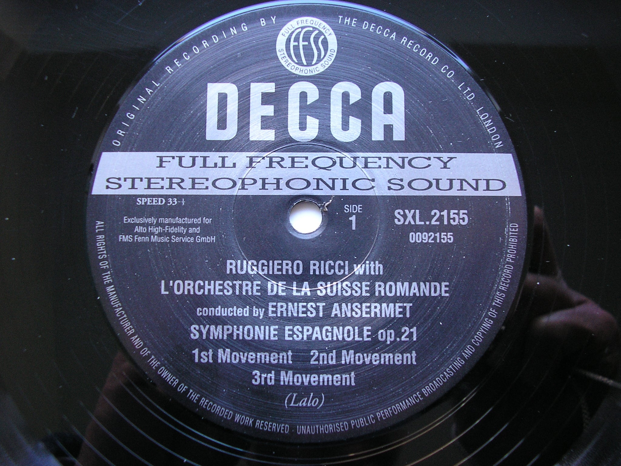 SXL 2155 LALO: SYMPHONIE ESPAGNOLE / RAVEL: TZIGANE RICCI / SUISSE ROMANDE / ANSERMET