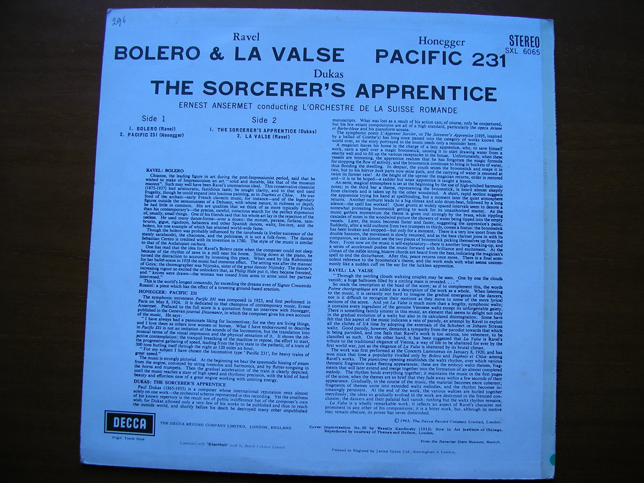SXL 6065  RAVEL / HONEGGER / DUKAS: ORCHESTRAL WORKS     ANSERMET /SUISSE ROMANDE    ED2