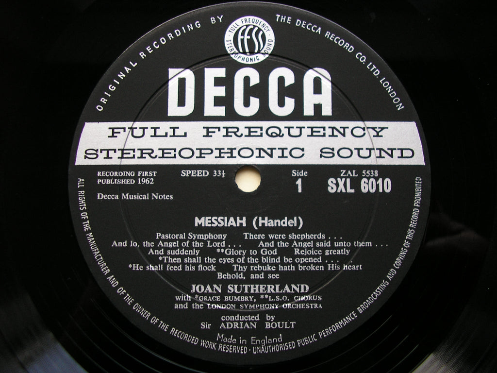 SXL 6010  HANDEL: MESSIAH   highlights      SUTHERLAND / BUMBRY / LONDON SYMPHONY / BOULT     ED 1