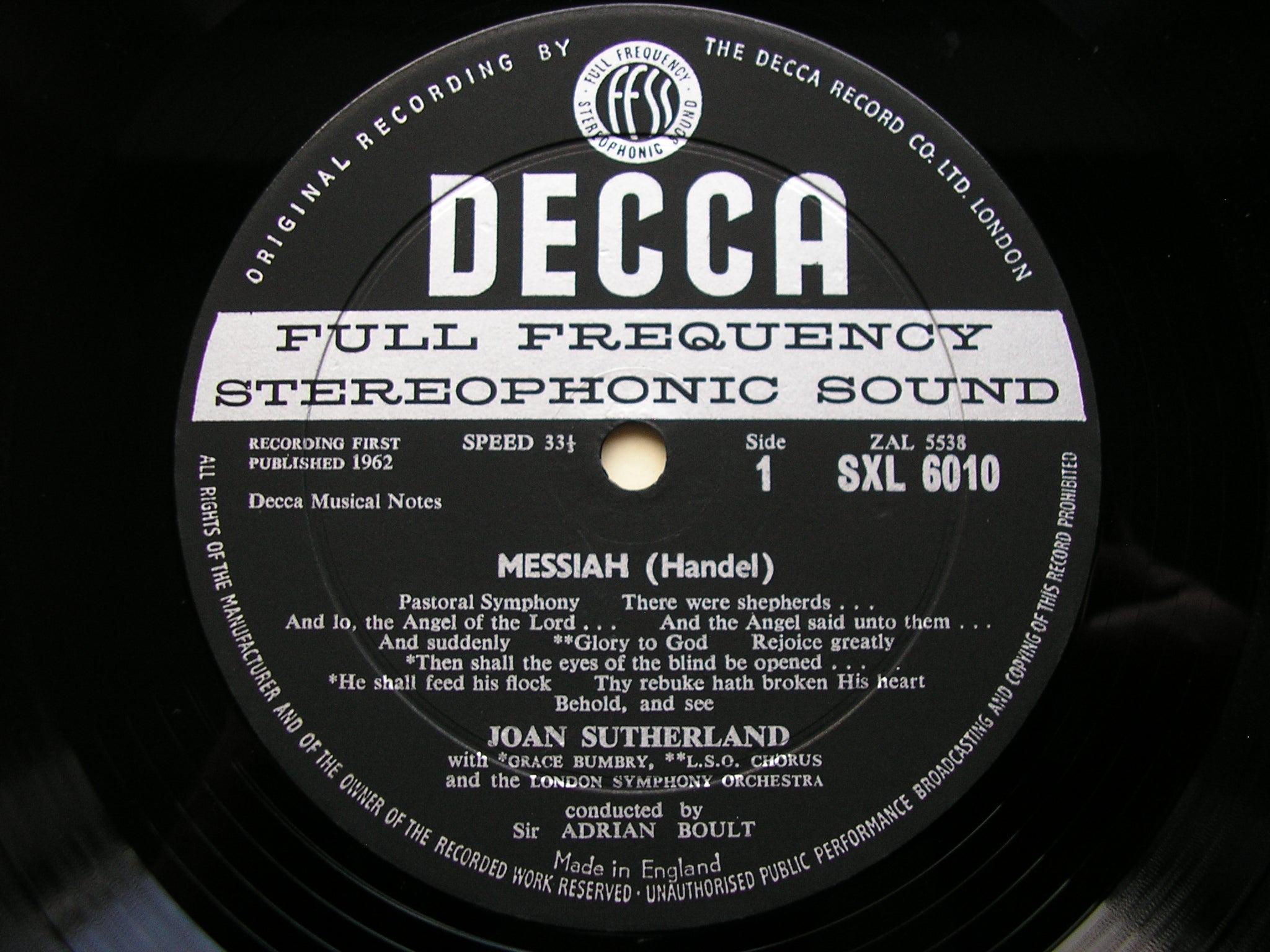 SXL 6010  HANDEL: MESSIAH   highlights      SUTHERLAND / BUMBRY / LONDON SYMPHONY / BOULT     ED 1