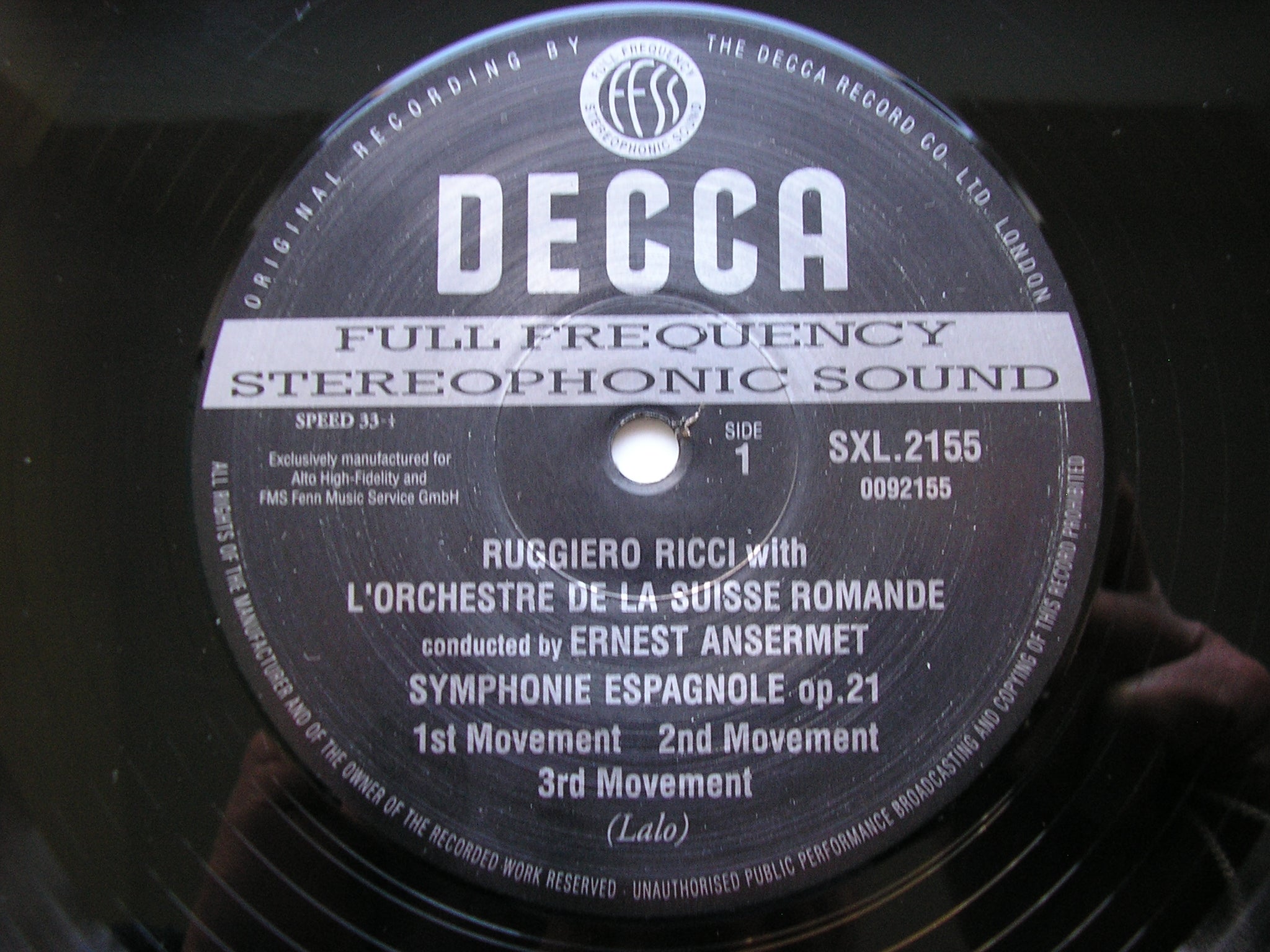 SXL 2155 LALO: SYMPHONIE ESPAGNOLE / RAVEL: TZIGANE RICCI / SUISSE ROMANDE / ANSERMET