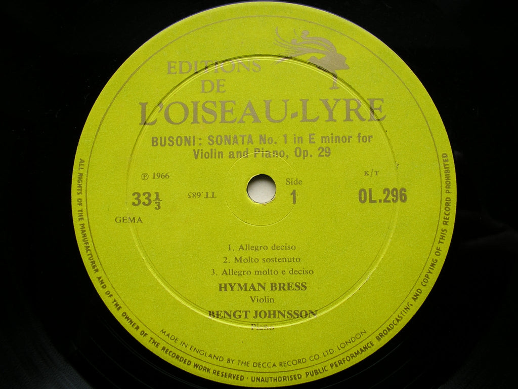 BUSONI: TWO SONATAS FOR VIOLIN & PIANO    HYMAN BRESS / BENGT JOHNSSON     OL 296