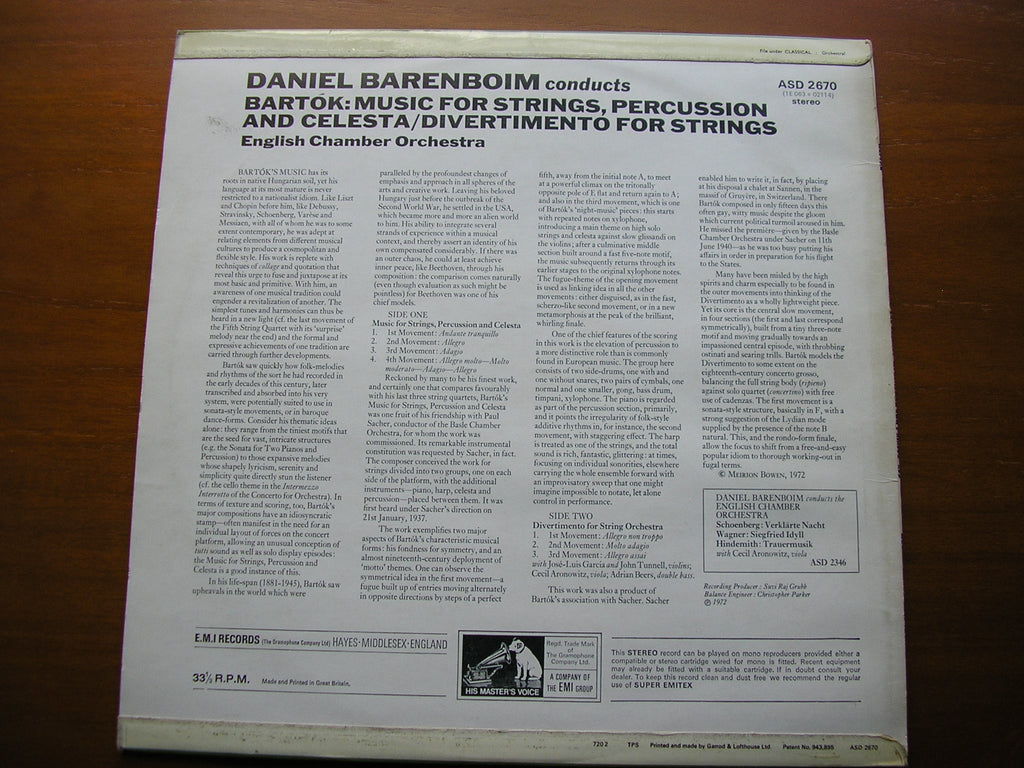 BARTOK: MUSIC FOR STRINGS, PERCUSSION & CELESTA DANIEL BARENBOIM / ENGLISH CHAMBER ORCHESTRA ASD 2670