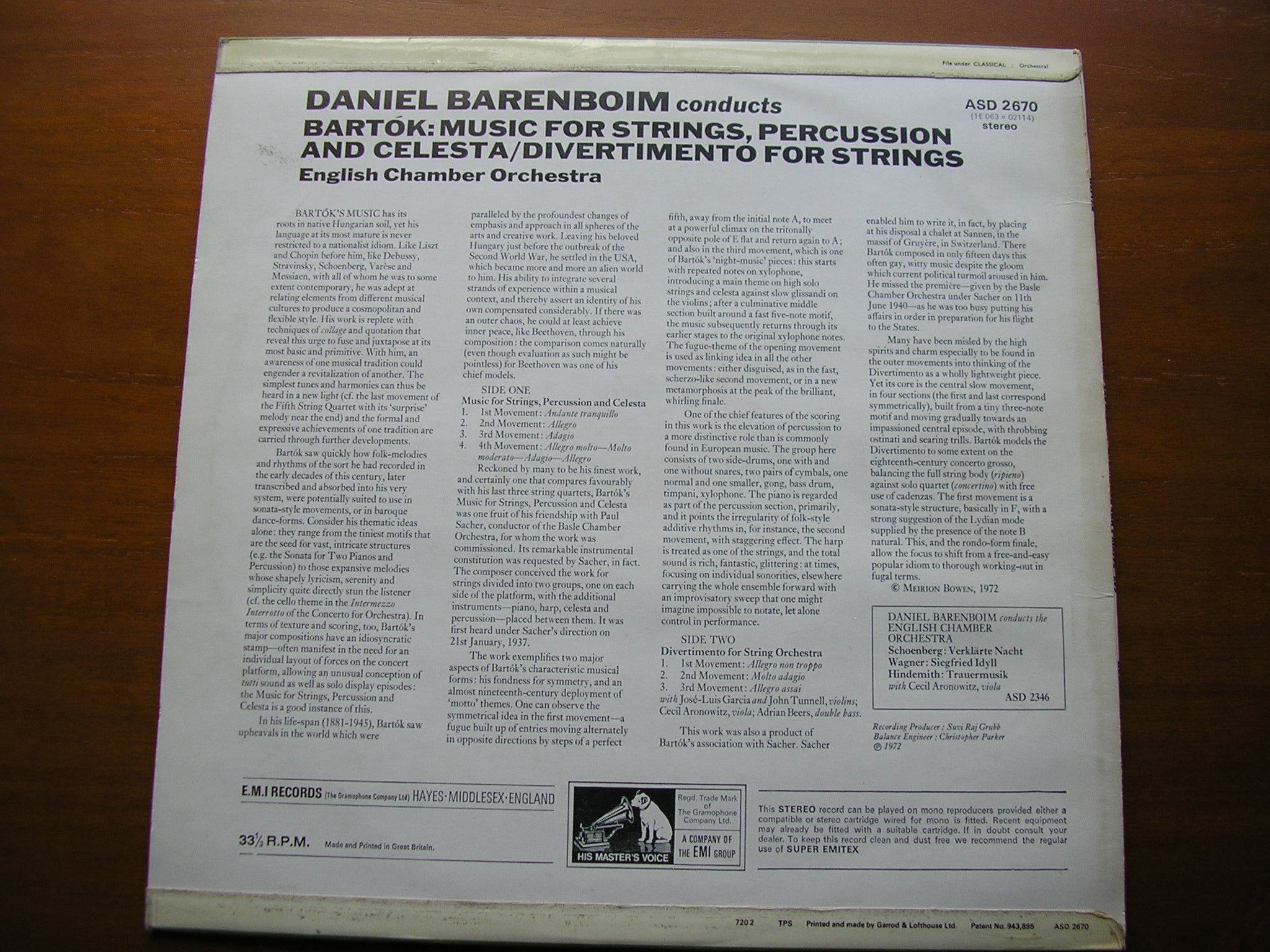 BARTOK: MUSIC FOR STRINGS, PERCUSSION & CELESTA DANIEL BARENBOIM / ENGLISH CHAMBER ORCHESTRA ASD 2670
