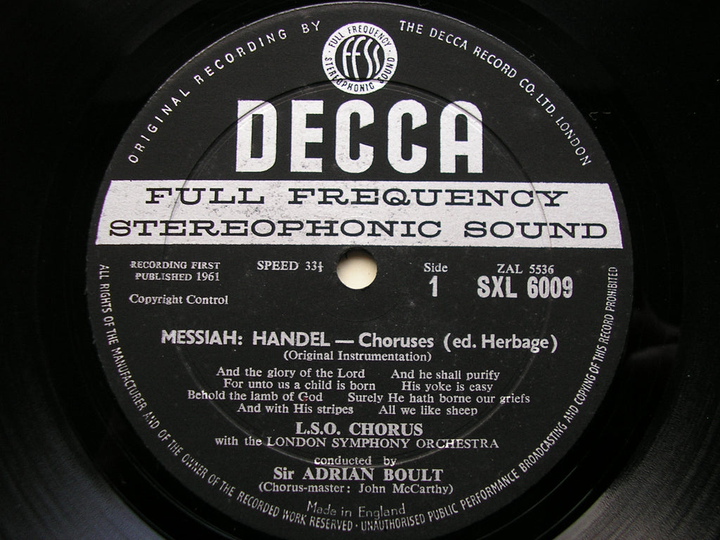 SXL 6009  HANDEL: MESSIAH   Choruses     LONDON SYMPHONY CHOIR & ORCHESTRA     SIR ADRIAN BOULT     ED 1
