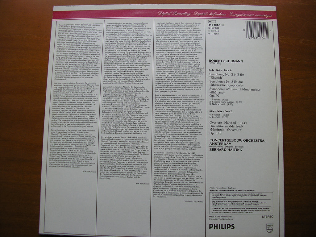 SCHUMANN: SYMPHONY No. 3 / MANFRED OVERTURE      HAITINK / CONCERTGEBOUW ORCHESTRA     411 104