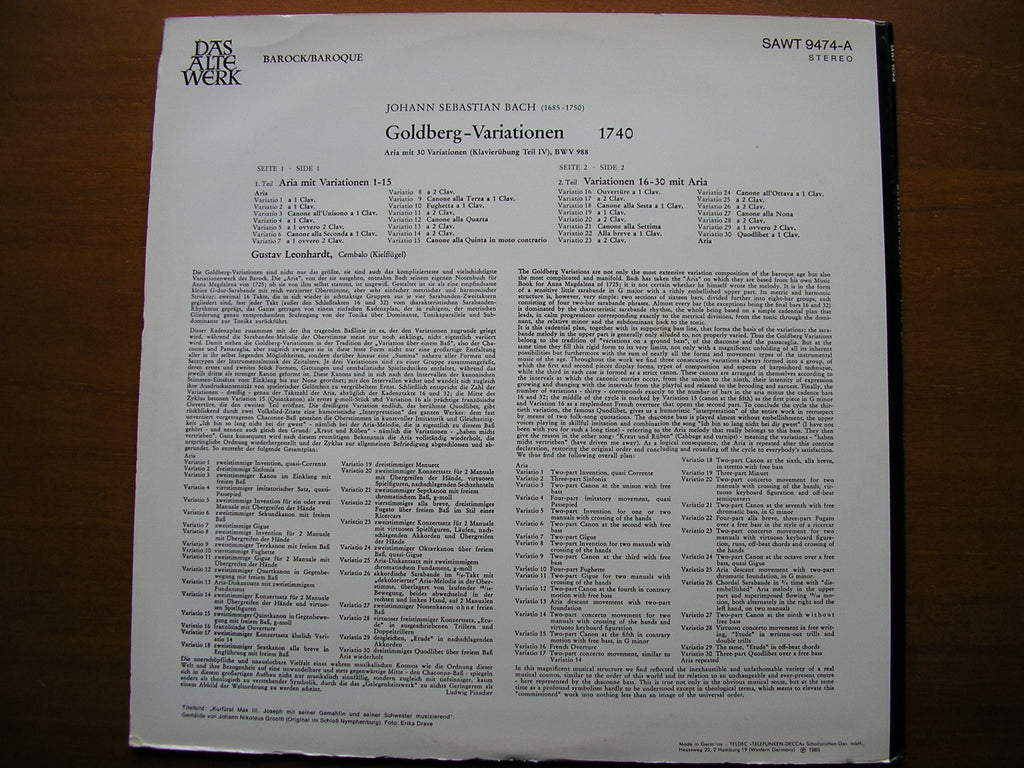 BACH: GOLDBERG VARIATIONS  (1740)     GUSTAV LEONHARDT    SAWT 9474