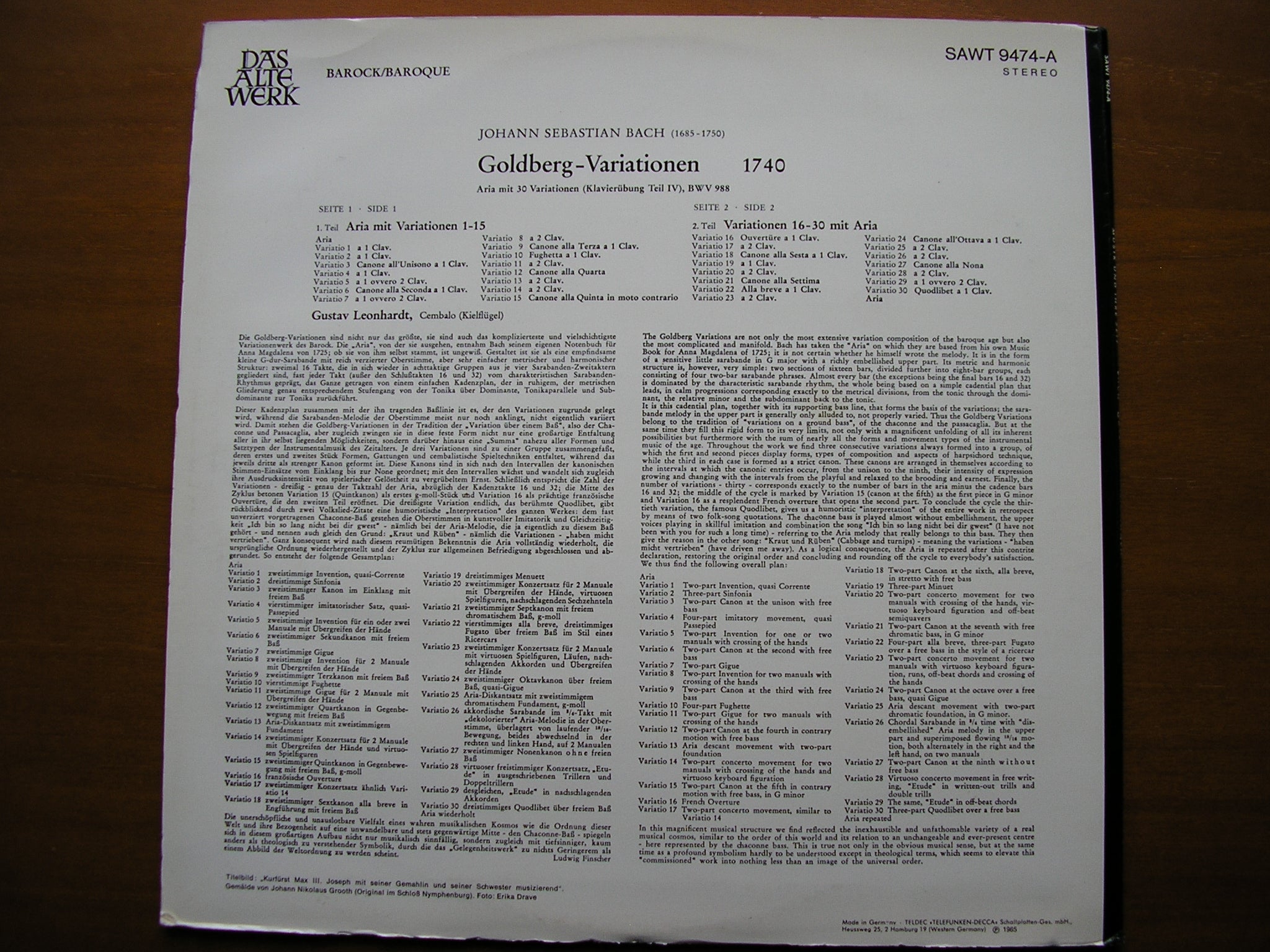 BACH: GOLDBERG VARIATIONS  (1740)     GUSTAV LEONHARDT    SAWT 9474