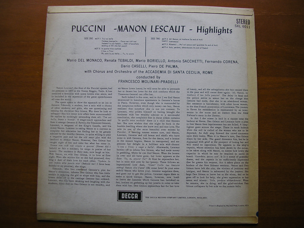 SXL 6011  PUCCINI: MANON LESCAUT   highlights  TEBALDI / DEL MONACO / SANTA CECILIA / MOLINARI-PRADELLI     ED 1