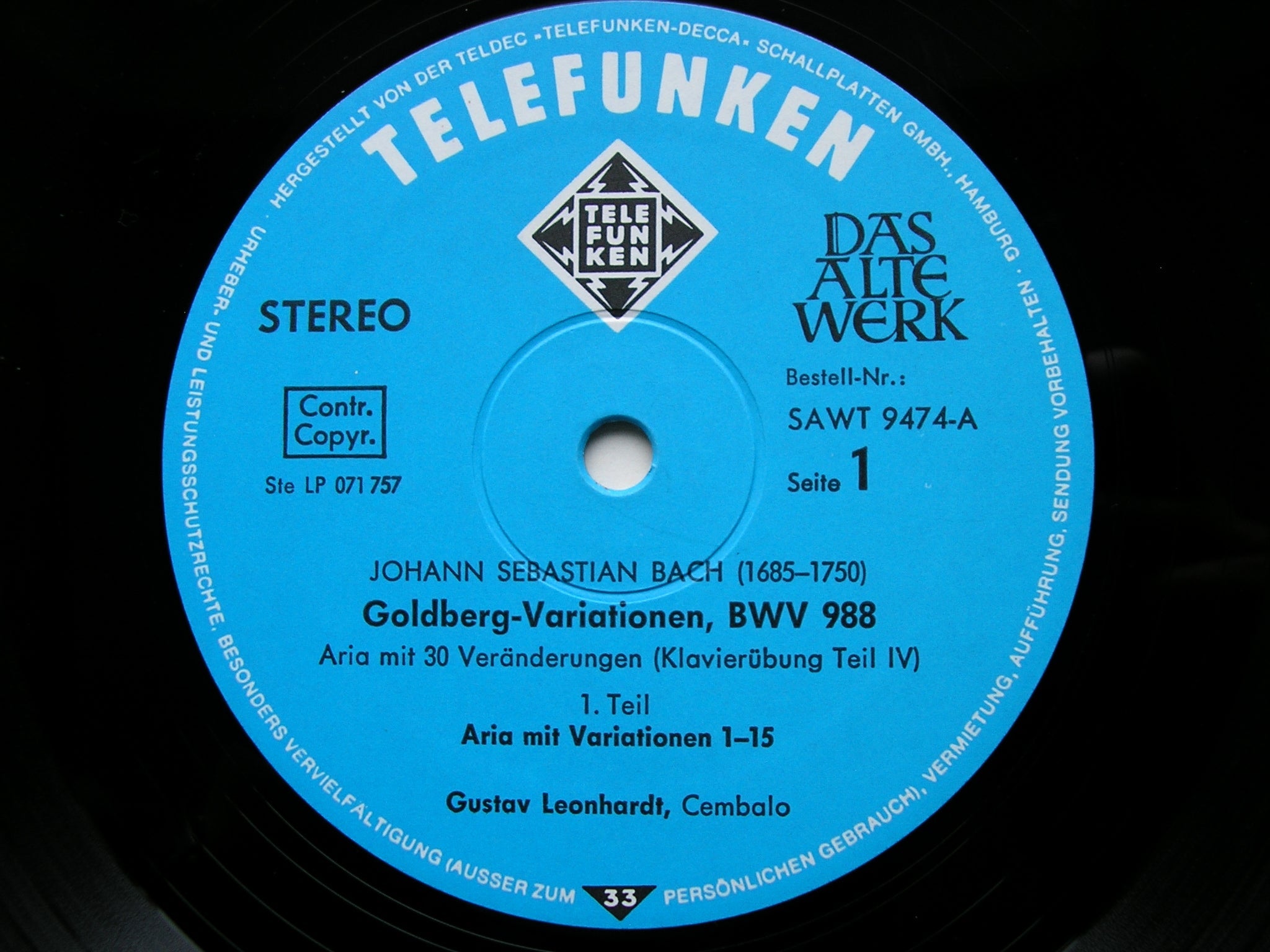 BACH: GOLDBERG VARIATIONS  (1740)     GUSTAV LEONHARDT    SAWT 9474
