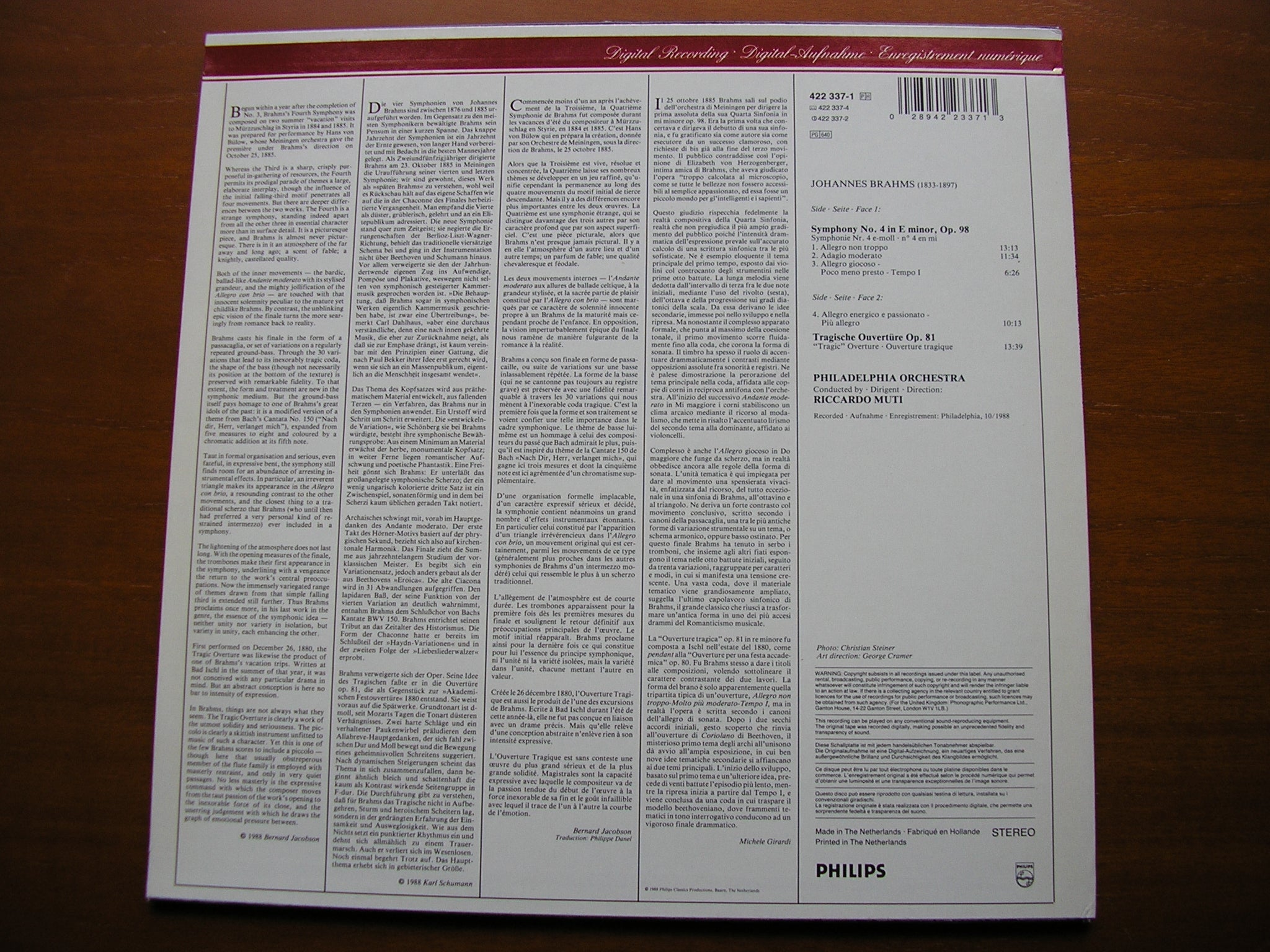 BRAHMS: SYMPHONY No. 4 / TRAGIC OVERTURE    MUTI / PHILHADELPHIA ORCHESTRA   422 337