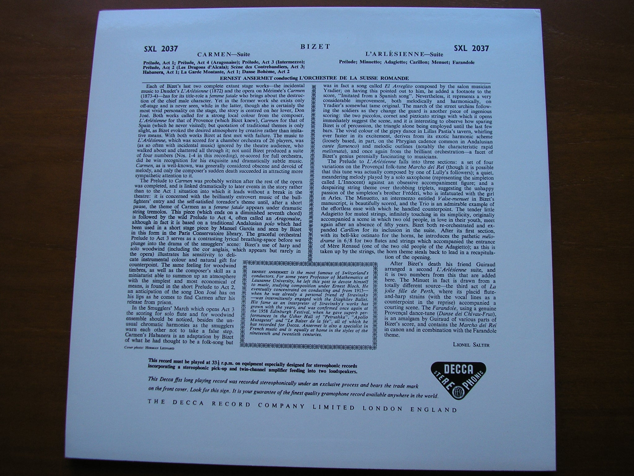 SXL 2037 BIZET: CARMEN & L'ARLESIENNE Suites ANSERMET / SUISSE ROMANDE