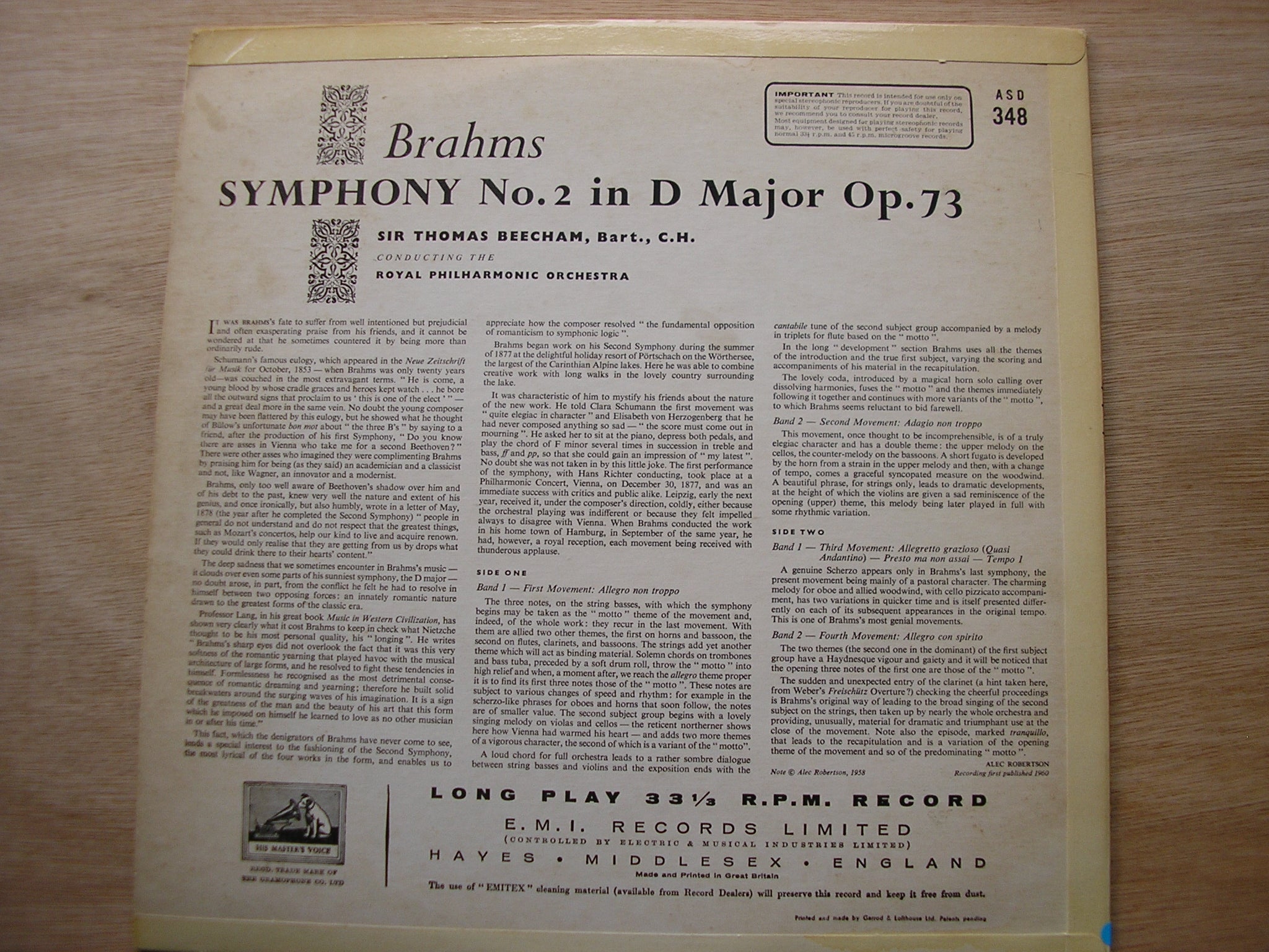 BRAHMS: SYMPHONY No. 2       BEECHAM / ROYAL PHILHARMONIC     ASD 348