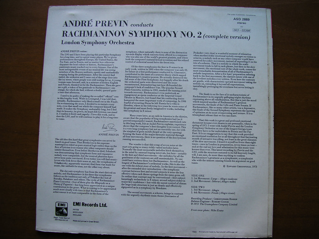 RACHMANINOV: SYMPHONY No. 2     ANDRE PREVIN / LONDON SYMPHONY ORCHESTRA    ASD 2889