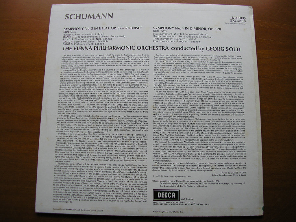 SXL 6356 SCHUMANN: SYMPHONIES Nos. 3 & 4 SOLTI / VIENNA PHILHARMONIC