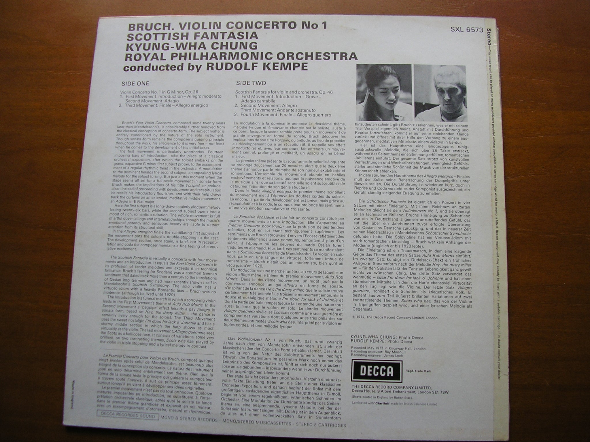 SXL 6573 BRUCH: VIOLIN CONCERTO / SCOTTISH FANTASIA CHUNG / ROYAL PHILHARMONIC / KEMPE