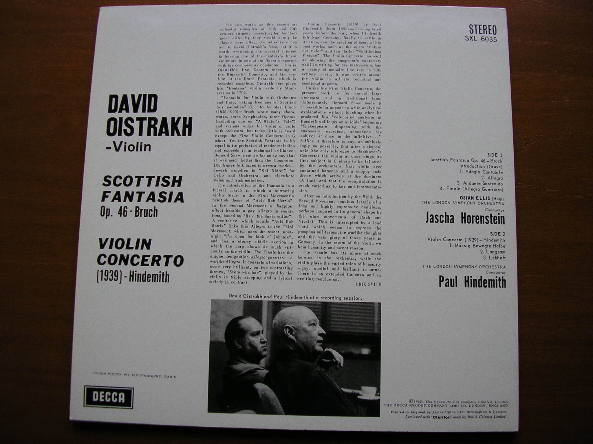 BRUCH: SCOTTISH FANTASIA / HINDEMITH: VIOLIN CONCERTO OISTRAKH / LONDON SYMPHONY / HORENSTEIN     180gm      SXL 6035