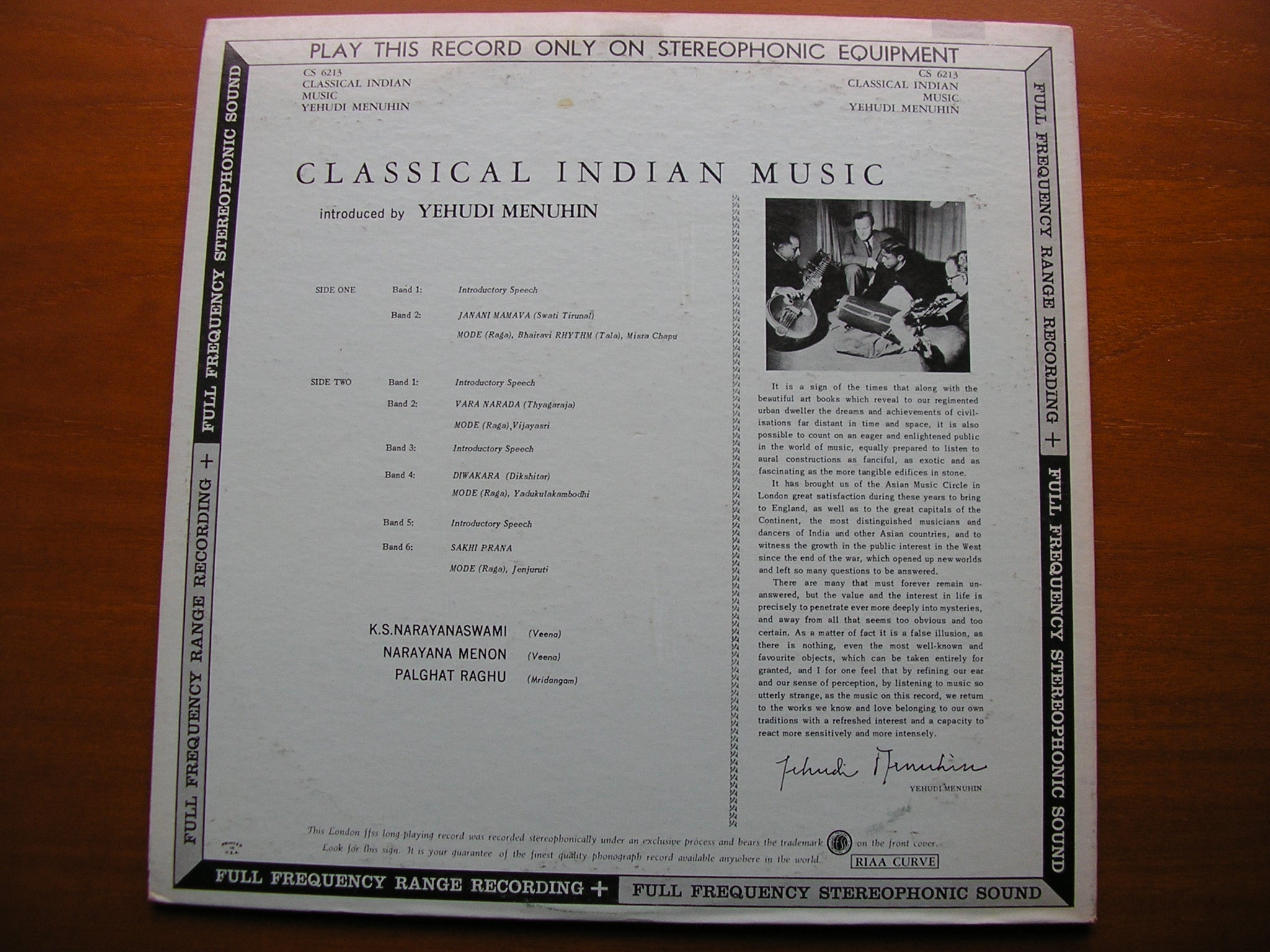 CLASSICAL INDIAN MUSIC   NARAYANASWAMI / MENON / RAGHU / MENUHIN     CS 6213