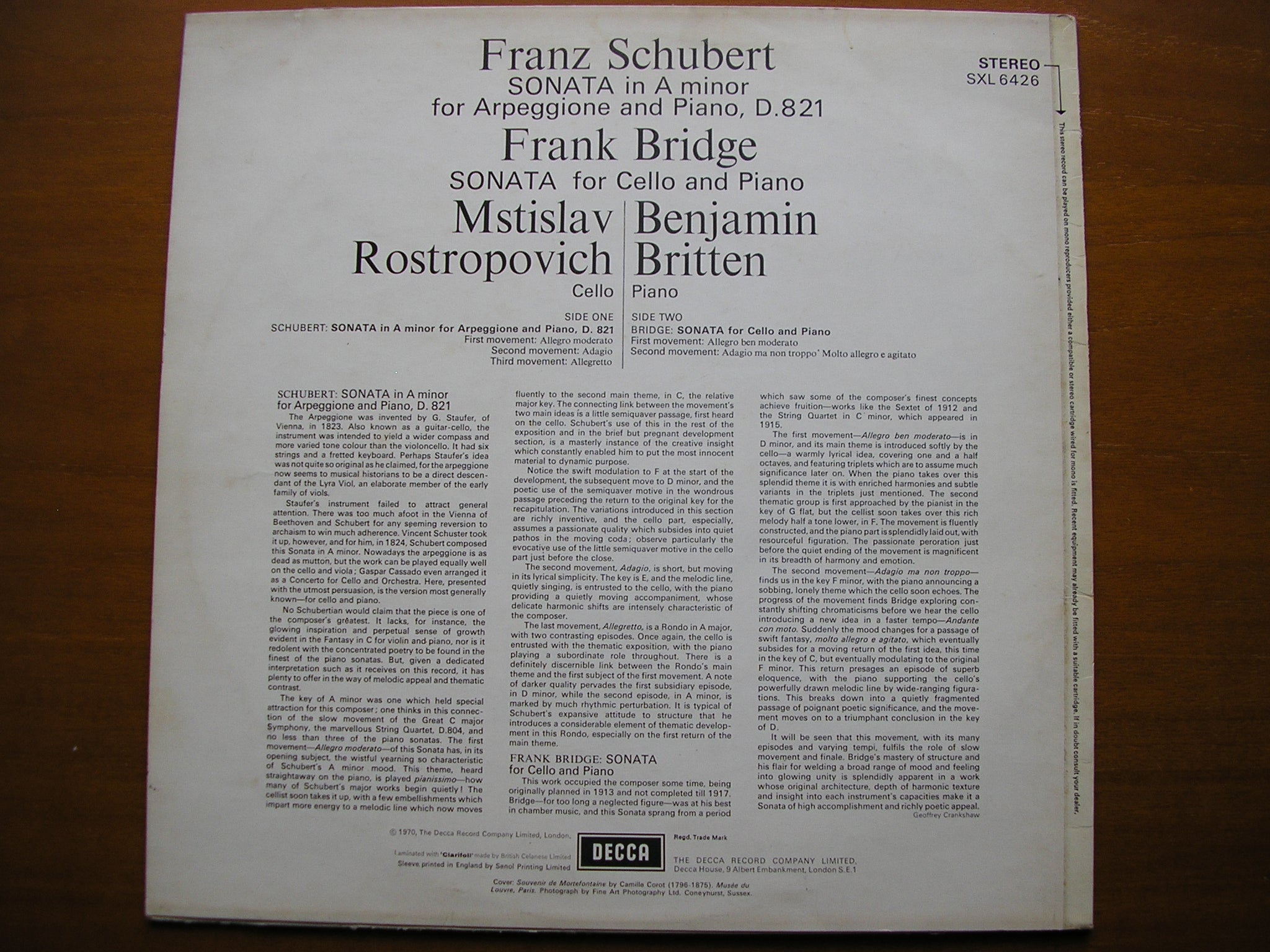 SXL 6426 SCHUBERT: ARPEGGIONE SONATA D821 / BRIDGE: SONATA FOR CELLO & PIANO     ED3
