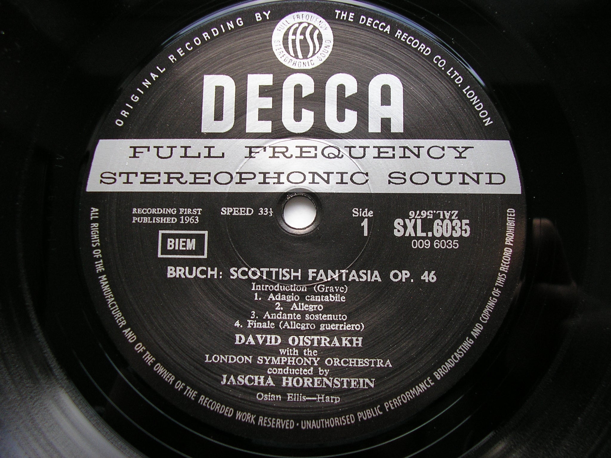 BRUCH: SCOTTISH FANTASIA / HINDEMITH: VIOLIN CONCERTO OISTRAKH / LONDON SYMPHONY / HORENSTEIN     180gm      SXL 6035