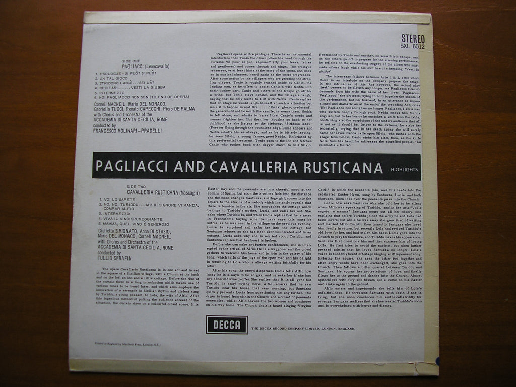 SXL 6012  LEONCAVALLO: PAGLIACCI  / MASCAGNI: CAVALLERIA RUSTICANA     DEL MONACO / SERAFIN        ED1