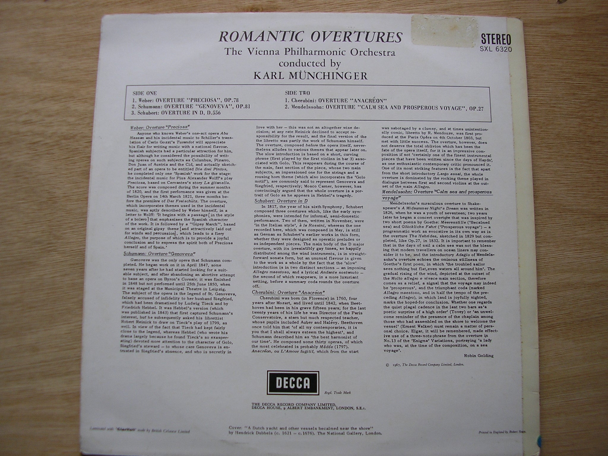 SXL 6320 ROMANTIC OVERTURES: MENDELSSOHN / WEBER / CHERUBINI / SCHUBERT / SCHUMANN VIENNA PHILHARMONIC / MUNCHINGER
