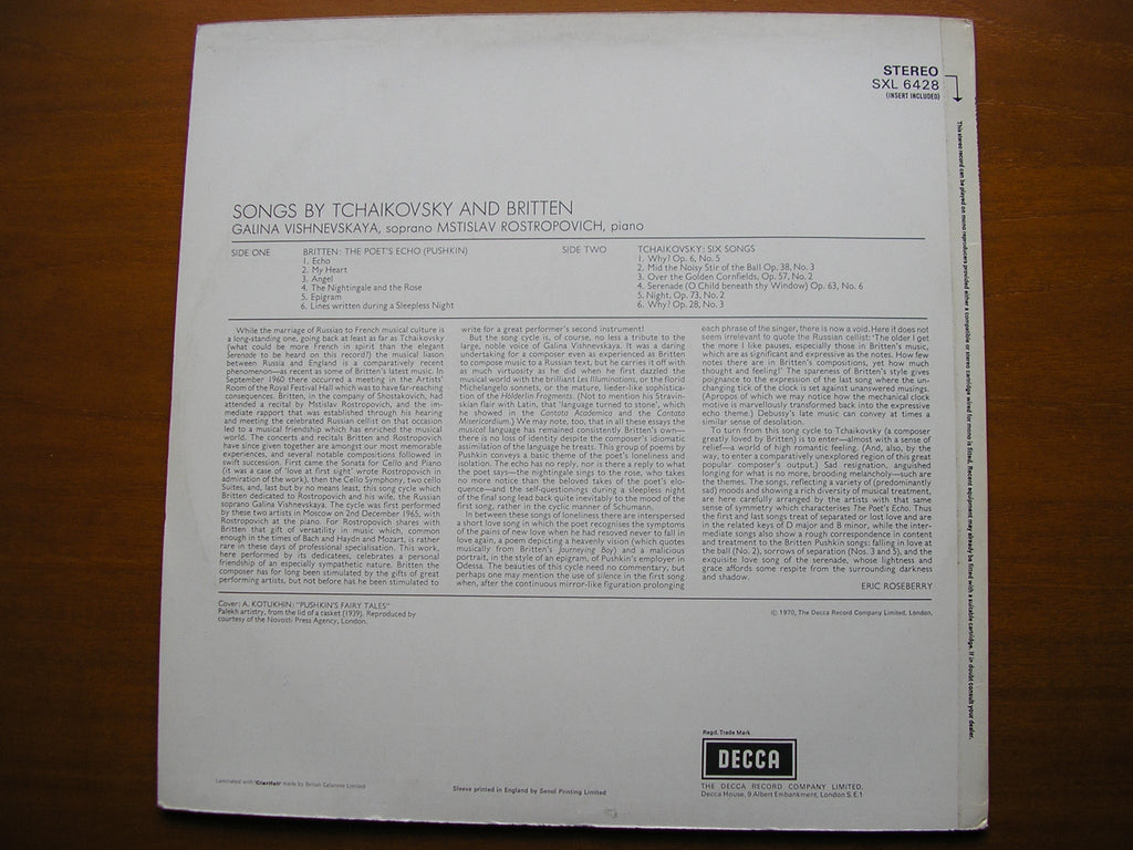 SXL 6428 TCHAIKOVSKY / BRITTEN: SONGS     VISHNEVSKAYA / ROSTROPOVICH      ED3