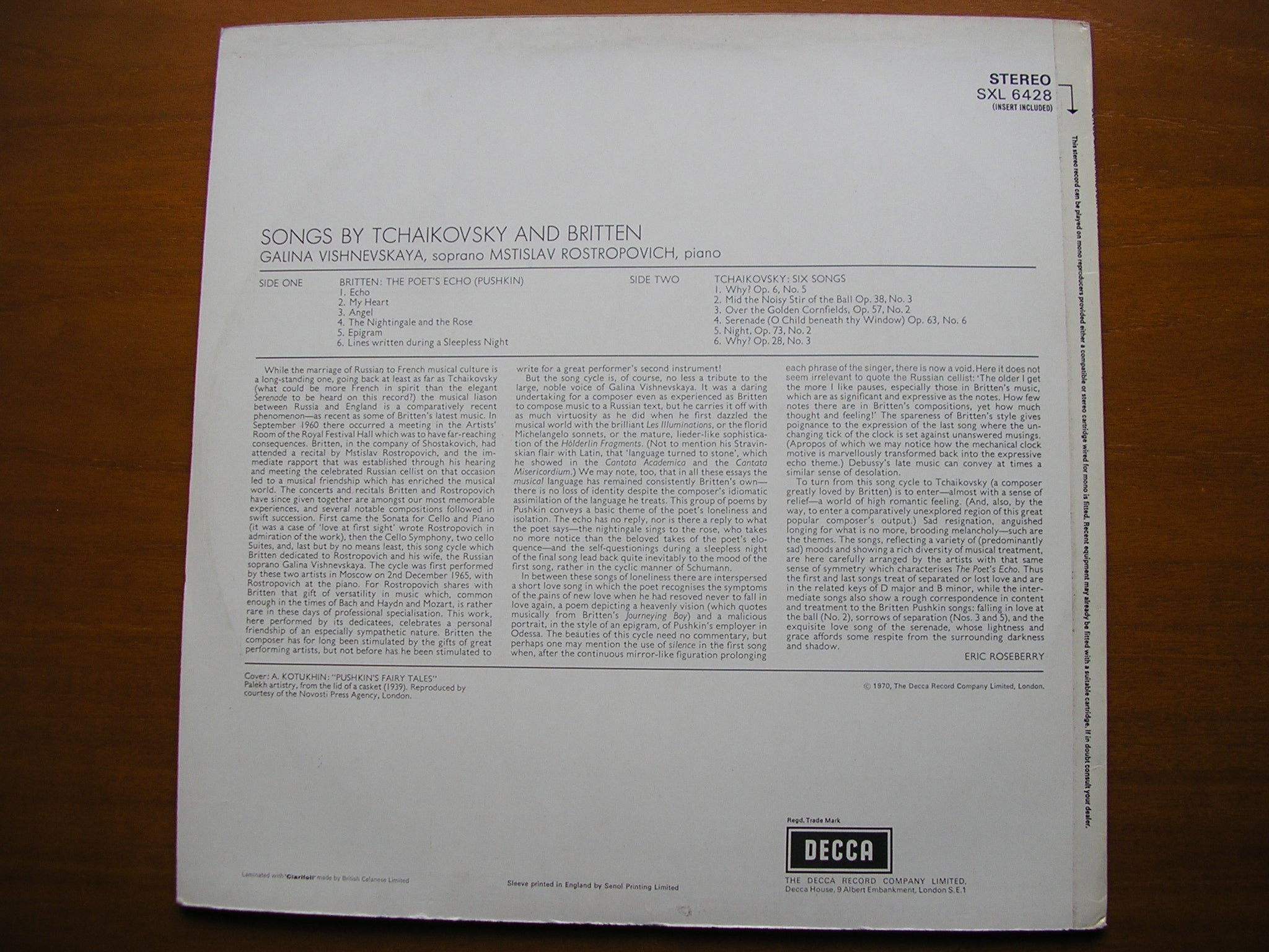 SXL 6428 TCHAIKOVSKY / BRITTEN: SONGS     VISHNEVSKAYA / ROSTROPOVICH      ED3