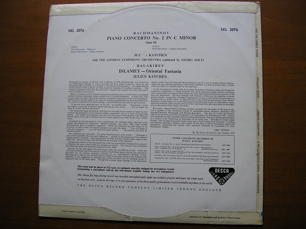 RACHMANINOV: PIANO CONCERTO No. 2      KATCHEN / LONDON SYMPHONY / SOLTI    SXL 2076