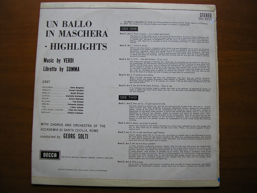 SXL 6013  VERDI: UN BALLO IN MASCHERA      BERGONZI / NILSSON / MACNEIL / SANTA CECILIA / SOLTI      ED1