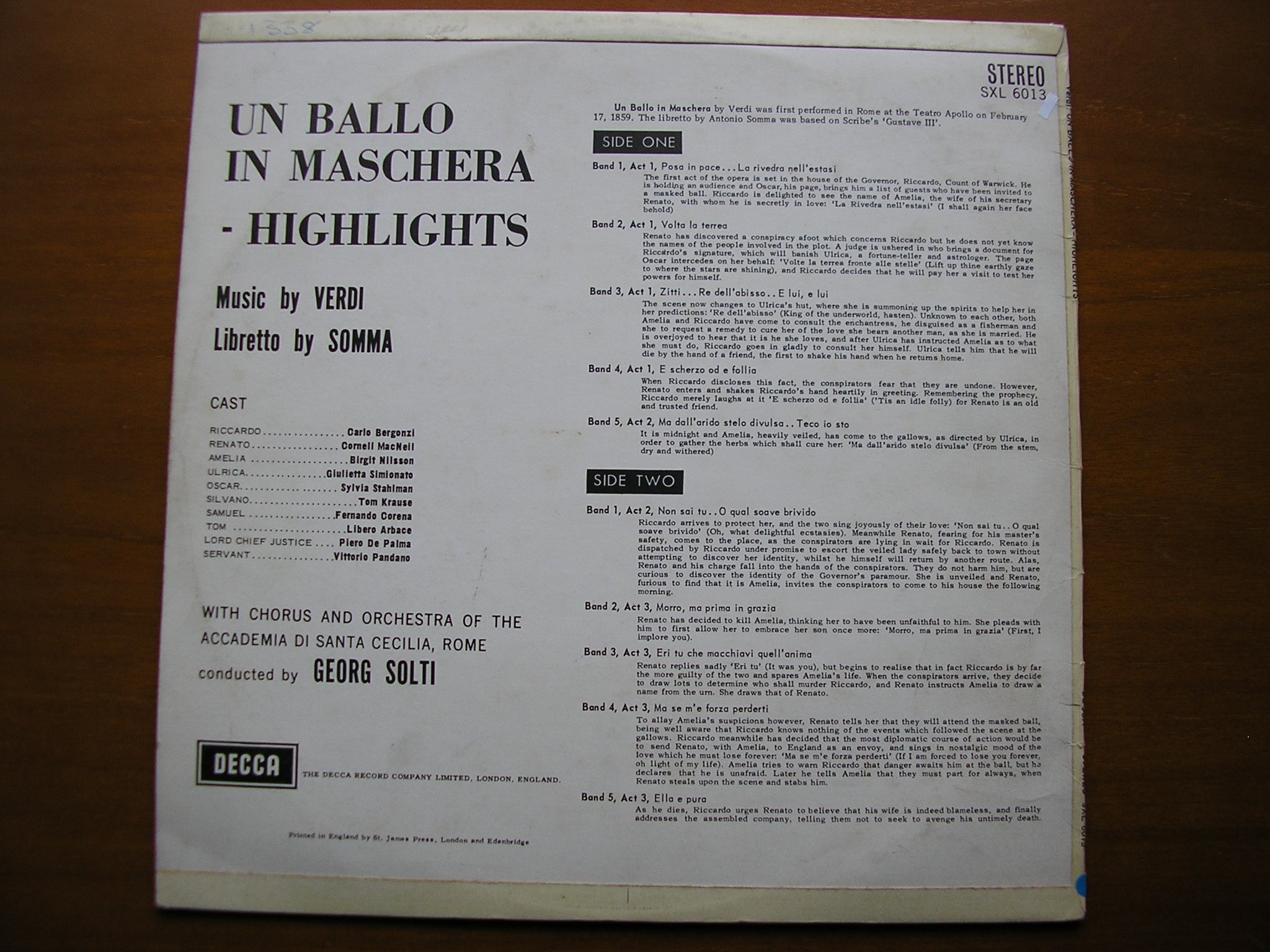 SXL 6013  VERDI: UN BALLO IN MASCHERA      BERGONZI / NILSSON / MACNEIL / SANTA CECILIA / SOLTI      ED1