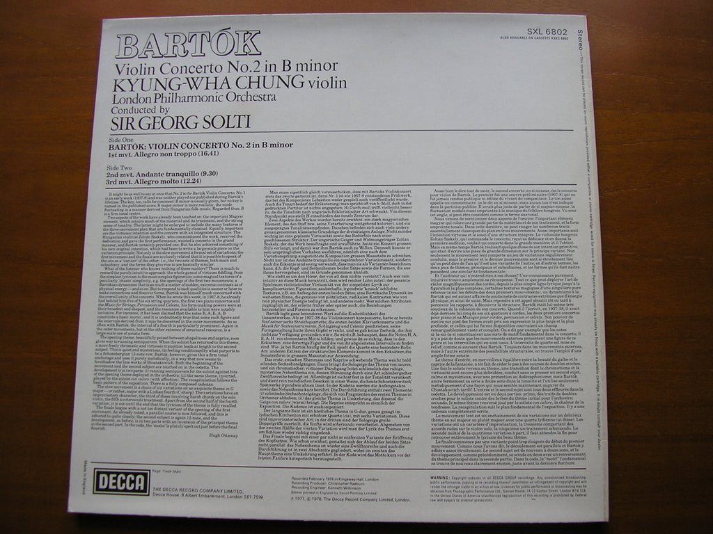 SXL 6802 BARTOK: VIOLIN CONCERTO No. 2 CHUNG / LONDON PHILHARMONIC / SOLTI