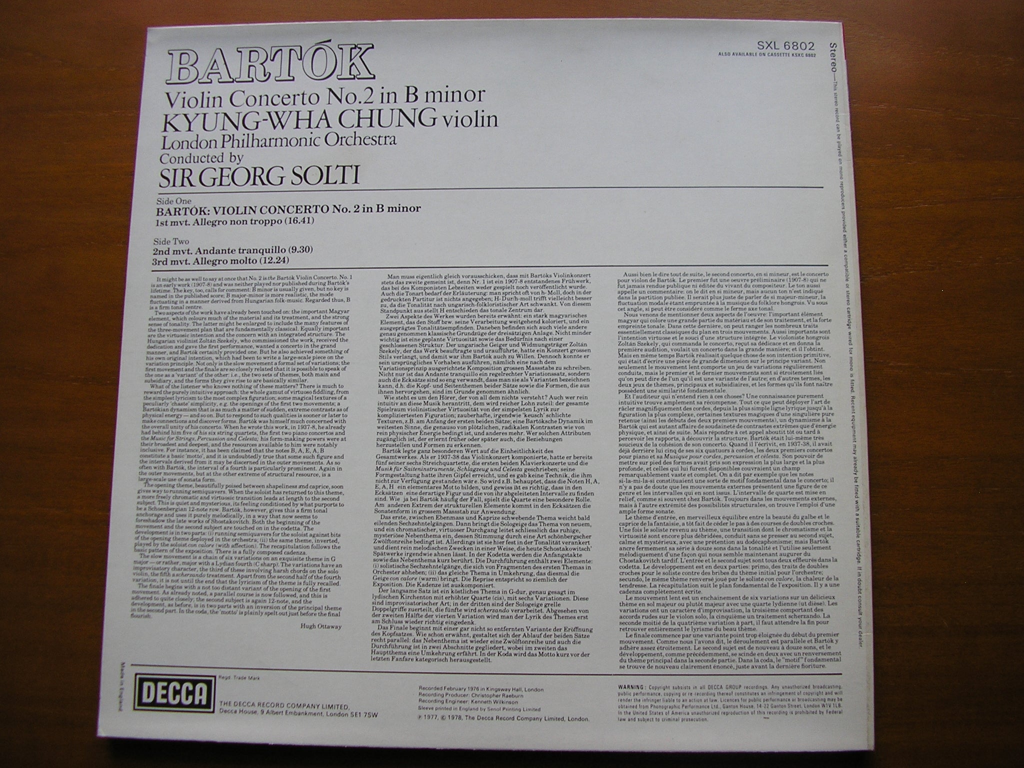 SXL 6802 BARTOK: VIOLIN CONCERTO No. 2 CHUNG / LONDON PHILHARMONIC / SOLTI