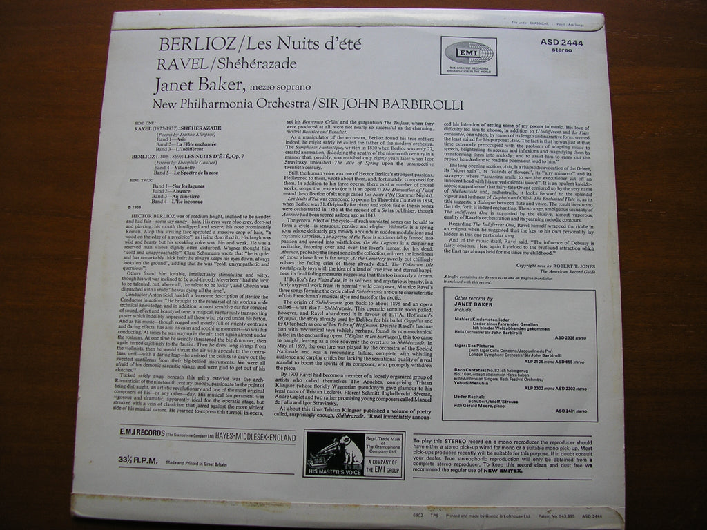 BERLIOZ: LES NUITS D'ETE / RAVEL: SHEHERAZADE JANET BAKER / NEW PHILHARMONIA / SIR JOHN BARBIROLLI      ASD 2444