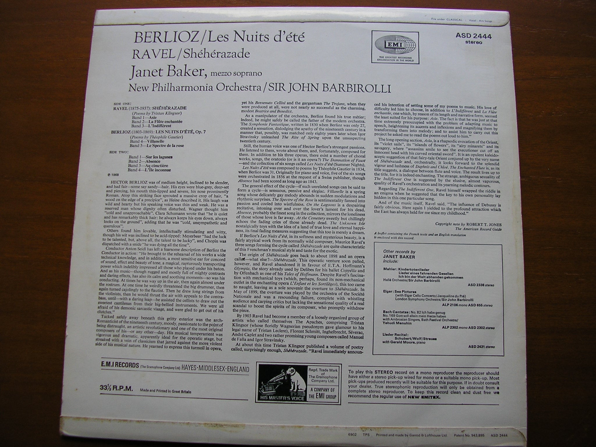 BERLIOZ: LES NUITS D'ETE / RAVEL: SHEHERAZADE JANET BAKER / NEW PHILHARMONIA / SIR JOHN BARBIROLLI      ASD 2444