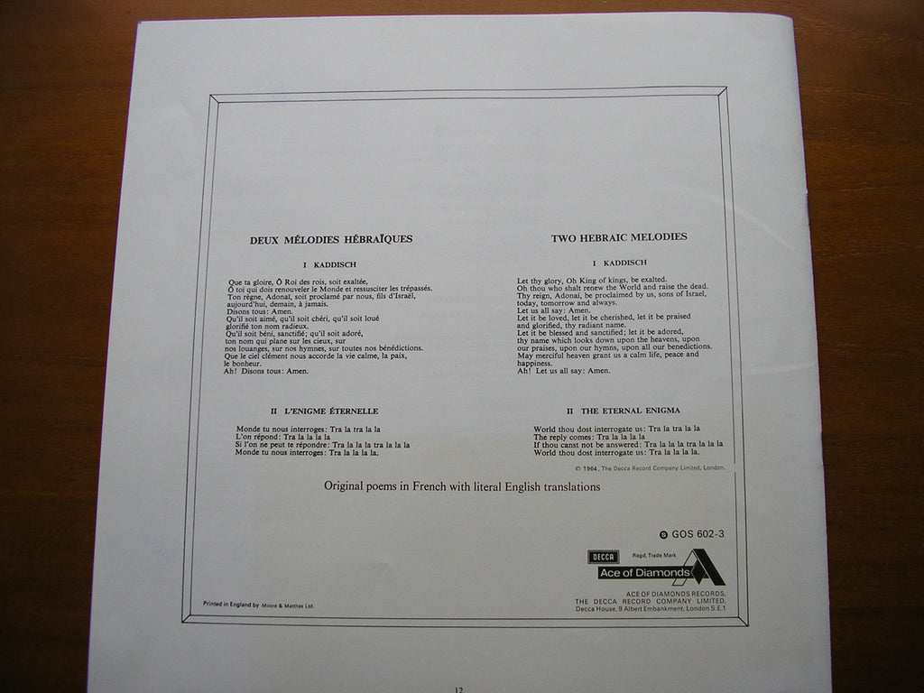 HONEGGER:  KING DAVID  a symphonic psalm  / RAVEL: SONGS     SOLOISTS / SUISSE ROMANDE / ANSERMET    2LP     GOS 602/3