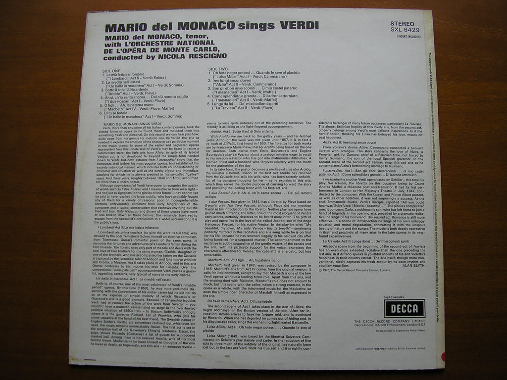 SXL 6429 MARIO DEL MONACO SINGS VERDI ARIAS      MONTE CARLO OPERA ORCHESTRA / RESCIGNO    ED3