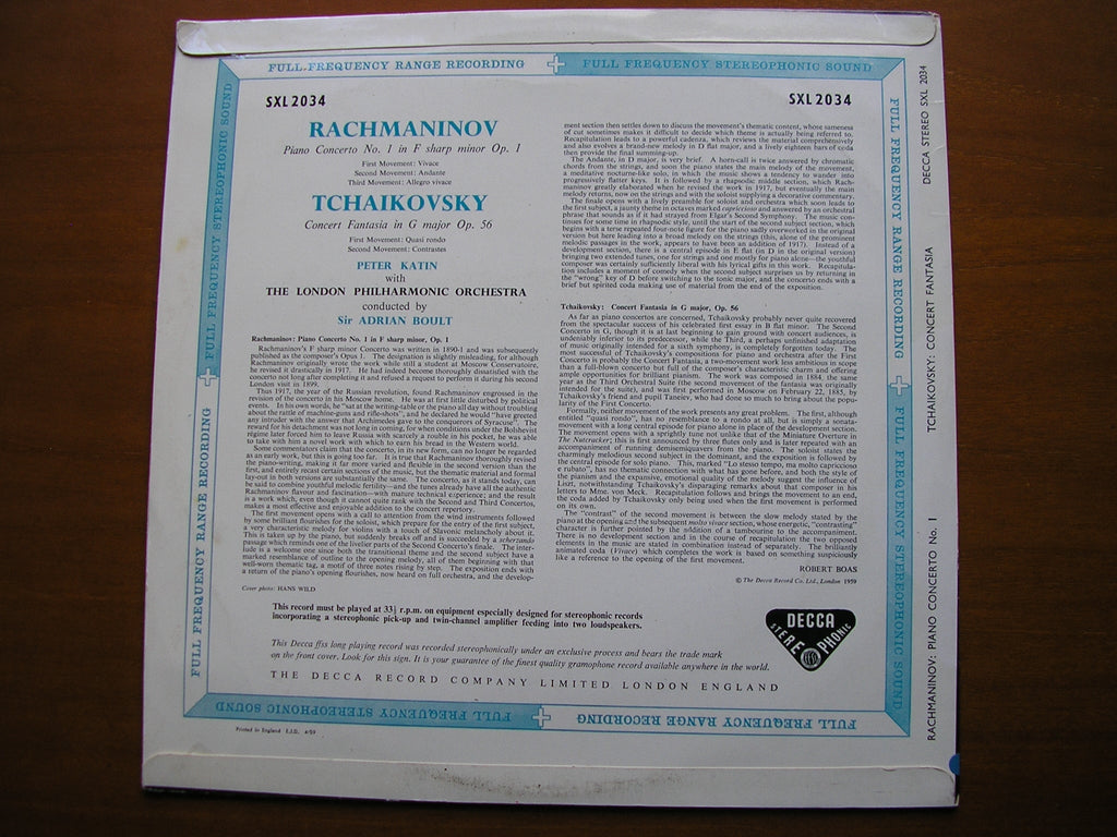 RACHMANINOV: PIANO CONCERTO No. 1 / TCHAIKOVSKY: CONCERT FANTASIA      KATIN / LPO / BOULT       SXL 2034