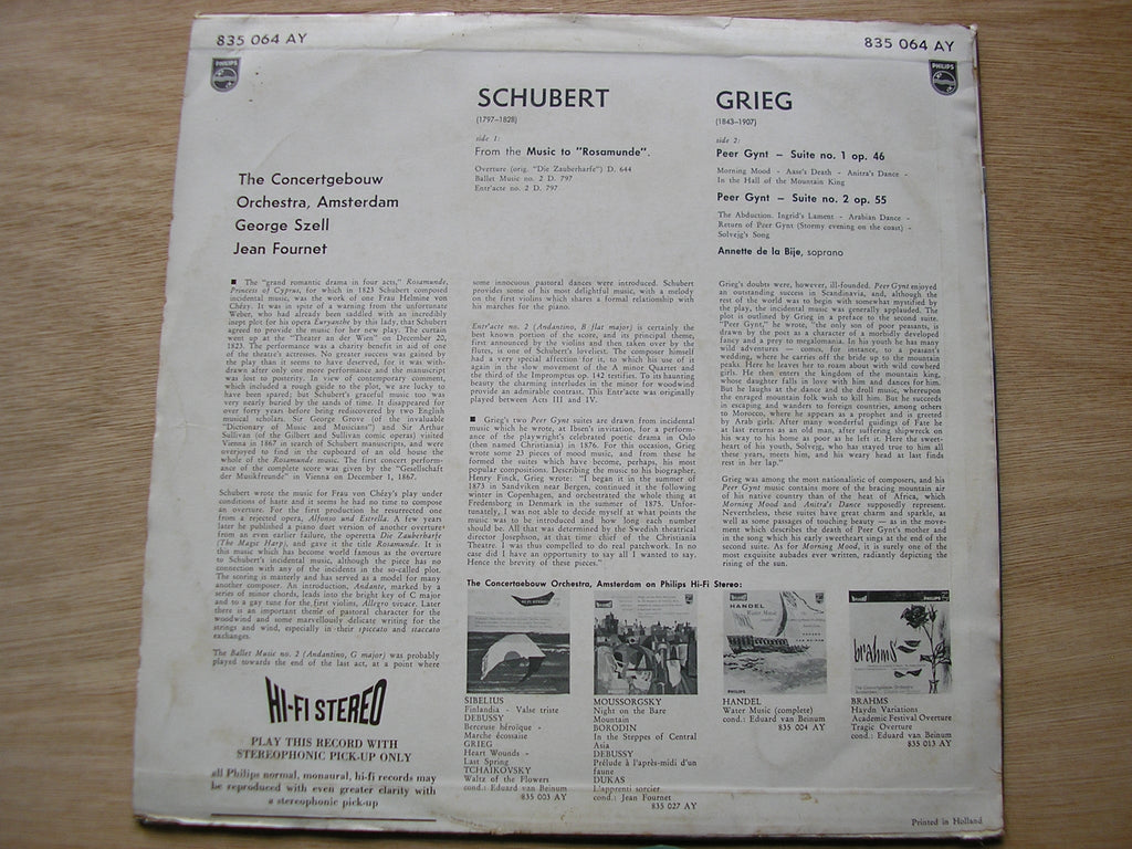 GRIEG: PEER GYNT Suites 1 & 2 / SCHUBERT: ROSAMUNDE     CONCERTGEBOUW / SZELL / FOURNET     835 064 AY