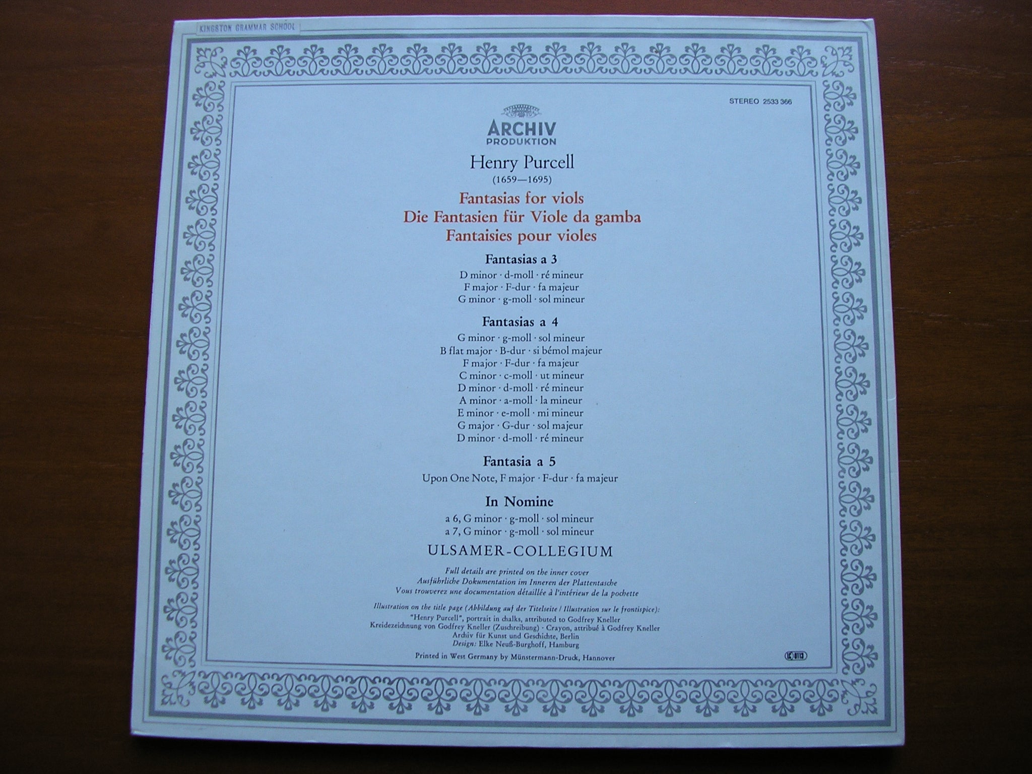 PURCELL: FANTASIAS FOR VIOLS    ULSAMER COLLEGIUM     2533 366