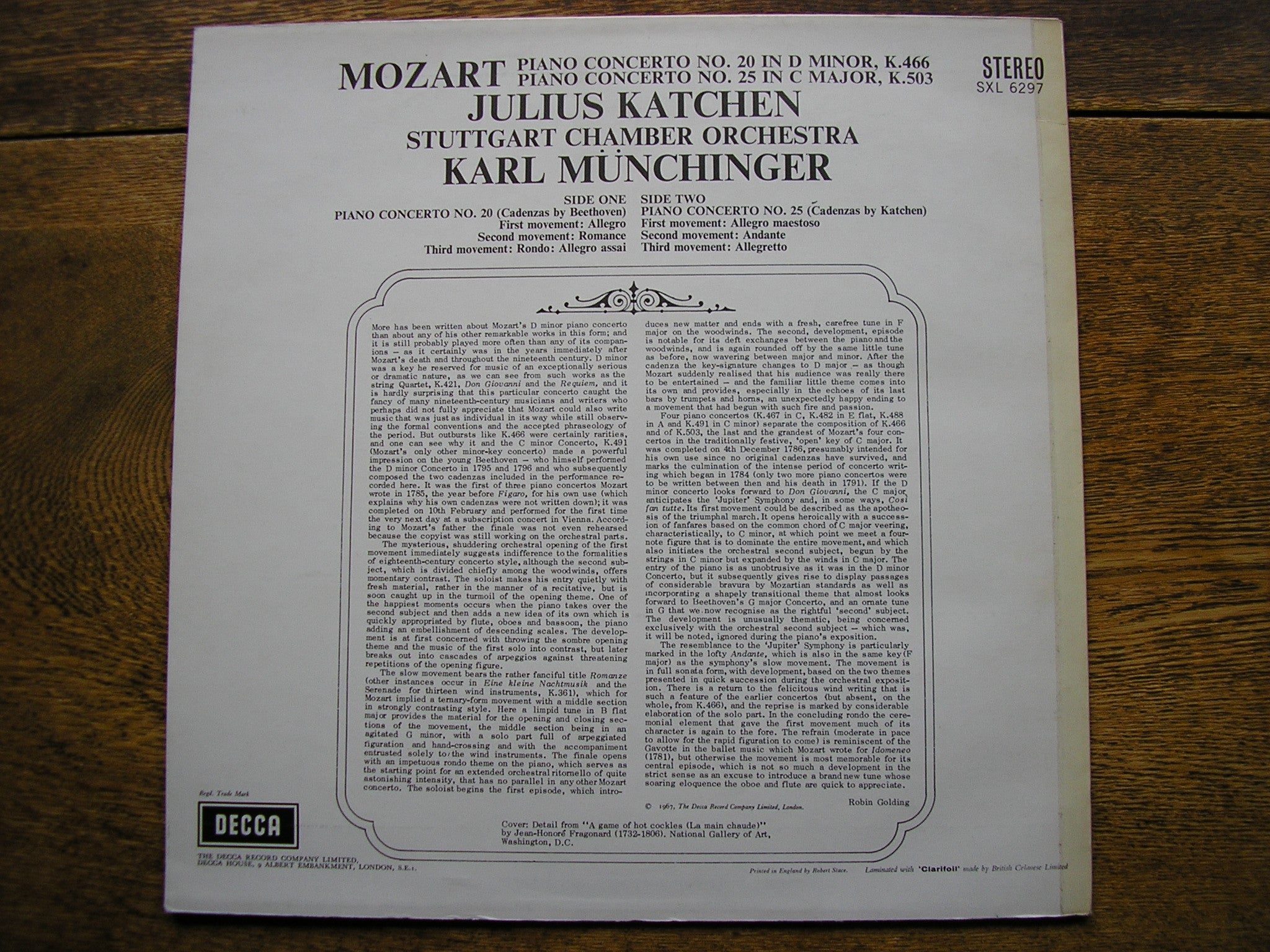 SXL 6297 MOZART: PIANO CONCERTOS Nos. 20 & 25 KATCHEN / STUTTGART CO / MUNCHINGER