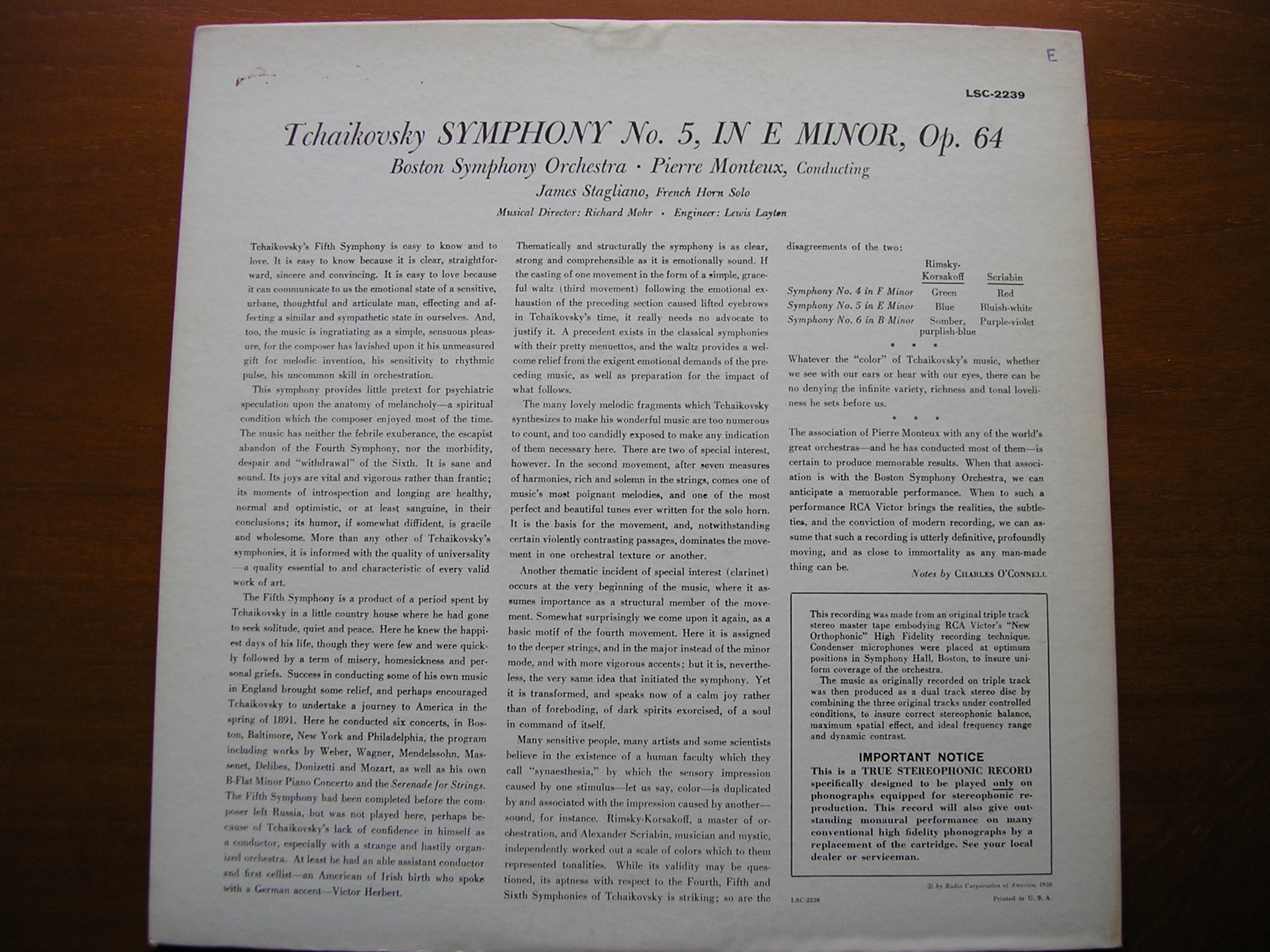 TCHAIKOVSKY: SYMPHONY No. 5   PIERRE MONTEUX / BOSTON SYMPHONY    LSC 2239